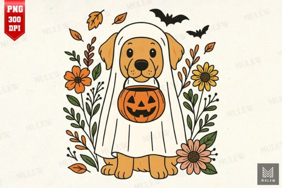 Halloween Golden Retriever Flowers PNG Review