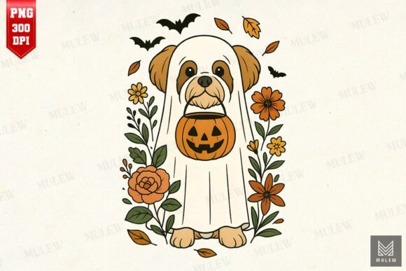 Halloween Shih Tzu with Fall Flowers PNG
