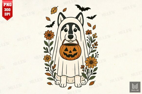 Halloween Siberian Husky Flowers PNG