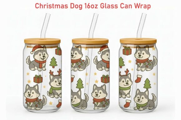 Xmas Siberian Husky 16oz Glass Can Wrap